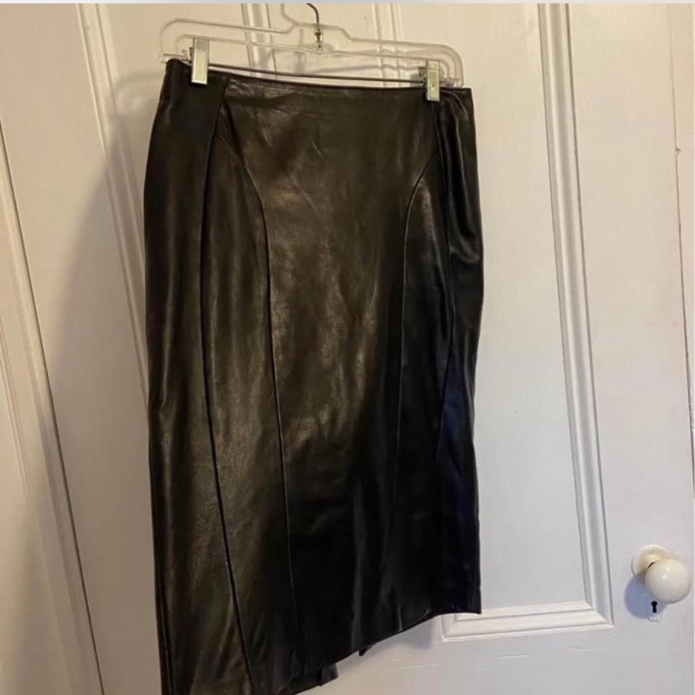 Italian Black Leather Pencil Midi Skirt